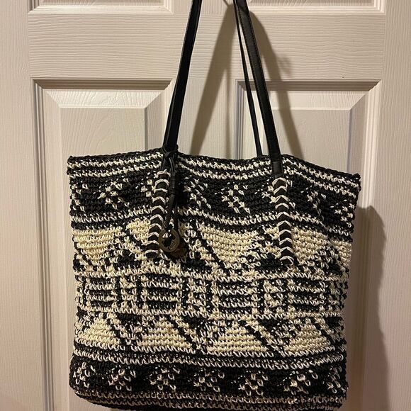 Lucky Brand Woven Texture Boho Black & Ivory black Handle Tribal Large Tote Bag - Picture 2 of 13